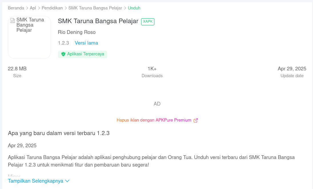 Screenshot halaman APKPure untuk download SMK Taruna Bangsa Pelajar XAPK